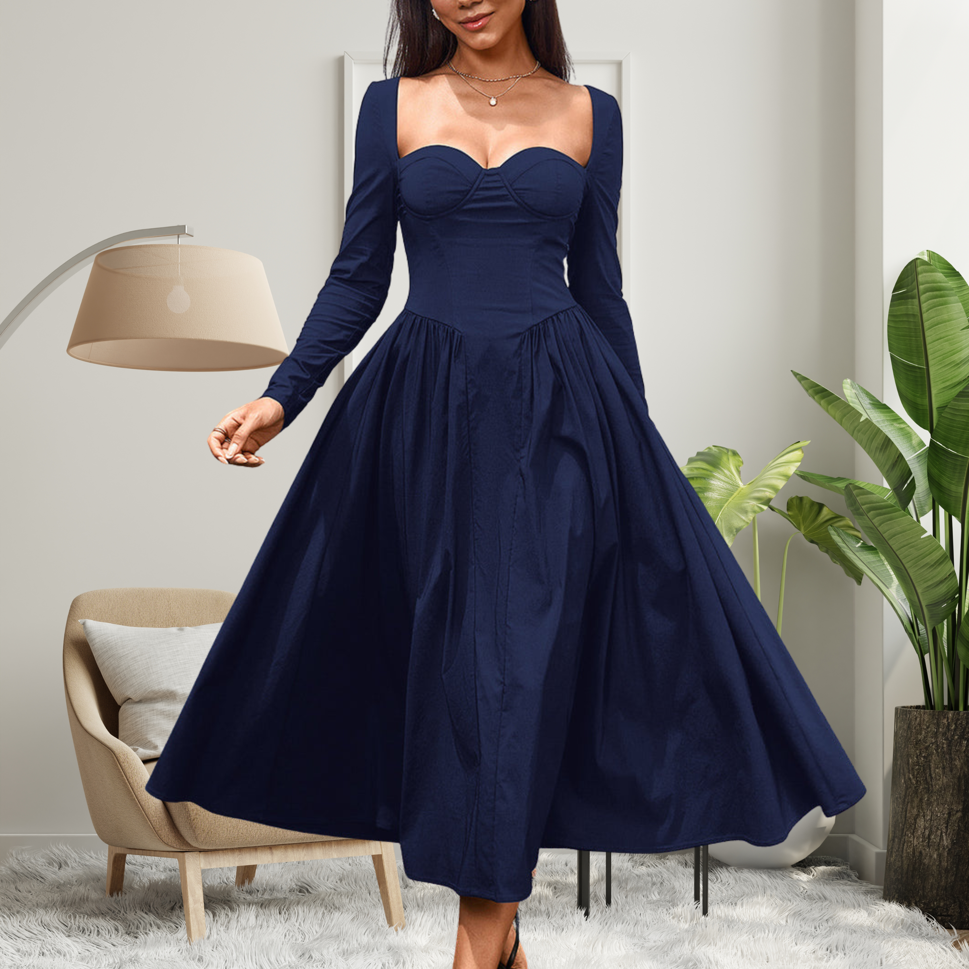 AKILA™ - Elegant Heart Neckline Long Sleeve A-Line Maxi Dress
